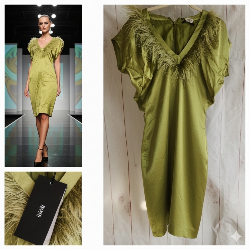 Elegant Green Dress with Feather Detail